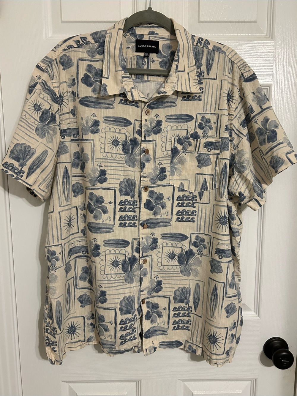 Lucky Brand XXL Beige Blue Cotton Viscose Floral Print Short Sleeve Shirt